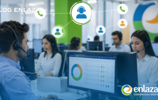 Support agents at computer desks with headsets in a busy call center; connected icons illustrate a network hub and communication flow.