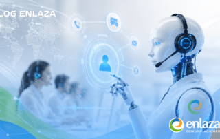 Futuristic humanoid robot with a headset in a call-center scene, pointing at floating digital icons; ENLAZA logo bottom right.
