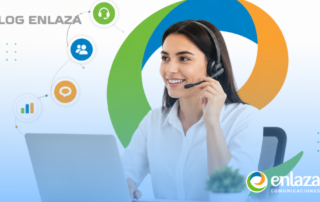 Customer service agent with headset at a laptop, colorful curved background and Enlaza branding.