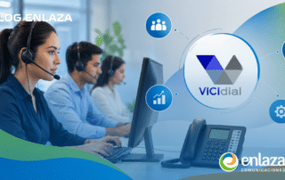 Call center team with headsets at computers, featuring VICIdial branding and Enlaza logo.