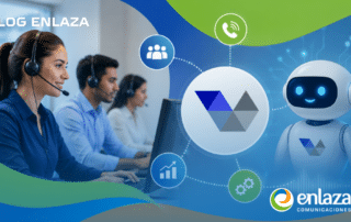 Blog Enlaza header with support agents wearing headsets at computers and a friendly robot connected by digital icons.
