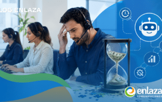 Support agents with headsets at computers; an hourglass symbolizing time is money and a blue tech background with a robot graphic; enlaza logo in corner.
