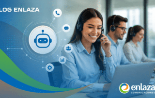 Smiling customer support agent with a headset at a laptop, overlaid with chatbot icons and Enlaza branding in blue tones.
