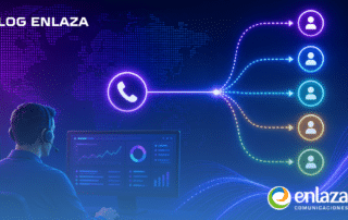Neon call-center hero: agent with headset at a desk, glowing phone hub routing to five user icons over a world map, with Enlaza logo in the corner.