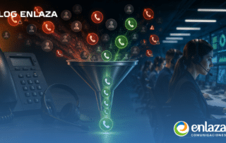 Glowing phone icons flow through a funnel into a busy call center, illustrating a lead generation and call management theme for Enlaza Comunicaciones.