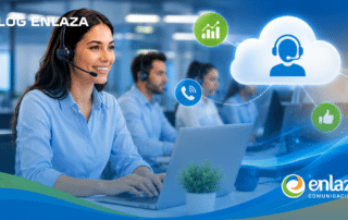 Call center agents with headsets at their computers, connected to cloud communication icons and the Enlaza logo.