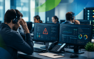 Operator wearing a headset at a monitoring station, two large screens showing alerts and analytics, phone, notebook and plant on desk.