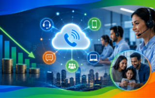 Cloud-based customer support scene with headset agents, glowing connectivity icons around a central cloud, and a rising bar chart on the left.