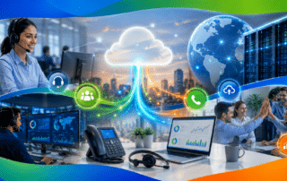 Teams collaborating in a cloud-powered data center with servers, globe, and laptops displaying analytics, symbolizing IT infrastructure and support.