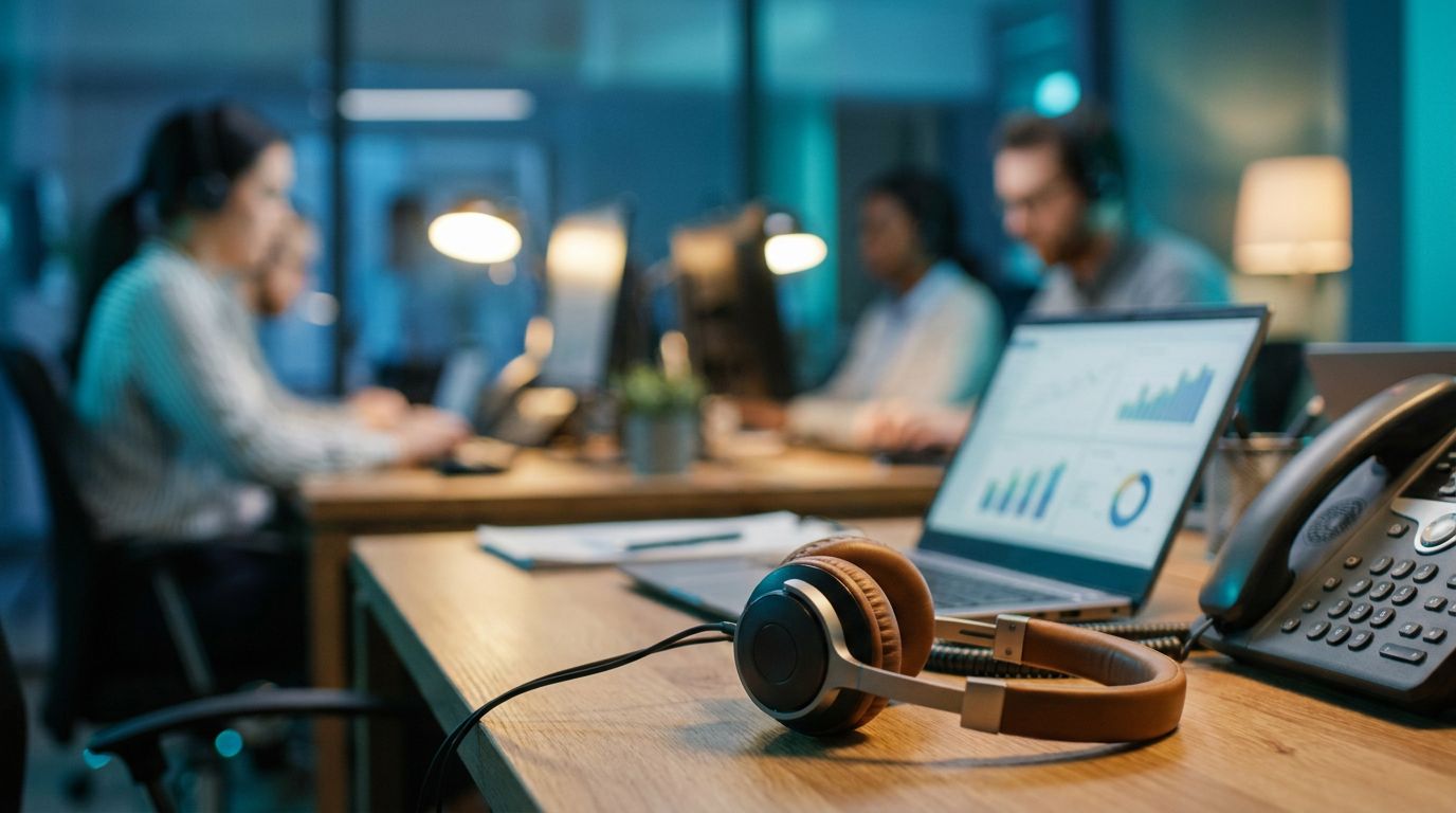 Diadema, laptop y teléfono IP sobre un escritorio de call center