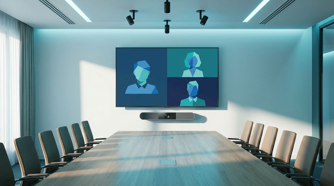 Sala de juntas con barra de videoconferencia bajo una pantalla en una videollamada